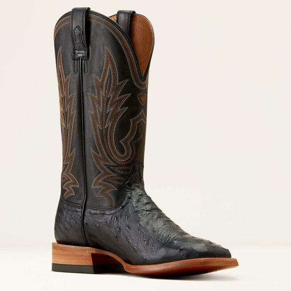 Ariat Showboat Cowboy Boot - Black Full Quill Ostrich - Broken horn
