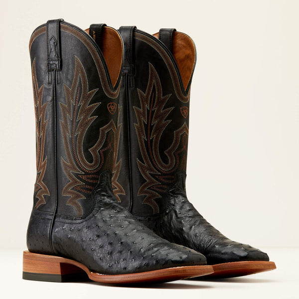 Ariat Showboat Cowboy Boot - Black Full Quill Ostrich - Broken horn