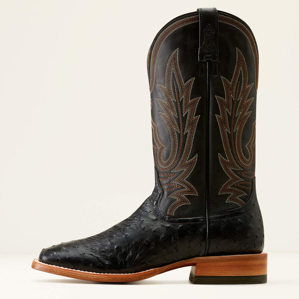 Ariat Showboat Cowboy Boot - Black Full Quill Ostrich - Broken horn