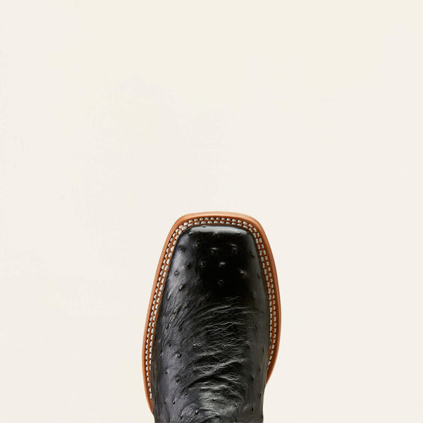 Ariat Showboat Cowboy Boot - Black Full Quill Ostrich - Broken horn