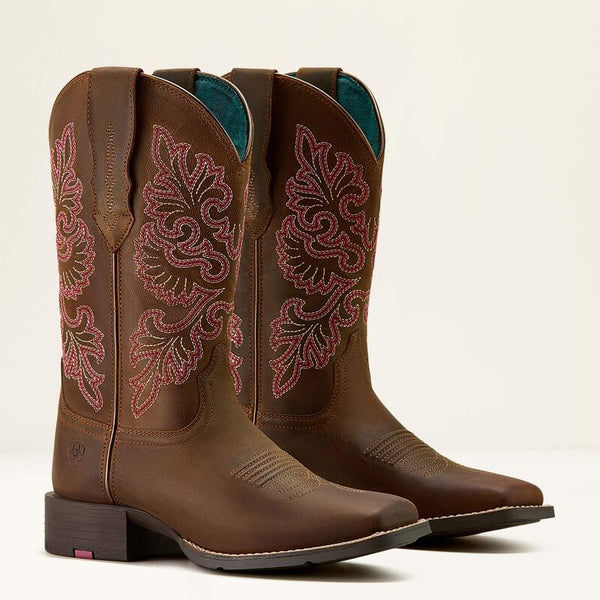 Ariat Women Round Up StretchFit Wide Square Toe Western Boot - Broken horn