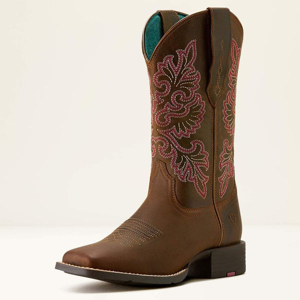 Ariat Women Round Up StretchFit Wide Square Toe Western Boot - Broken horn