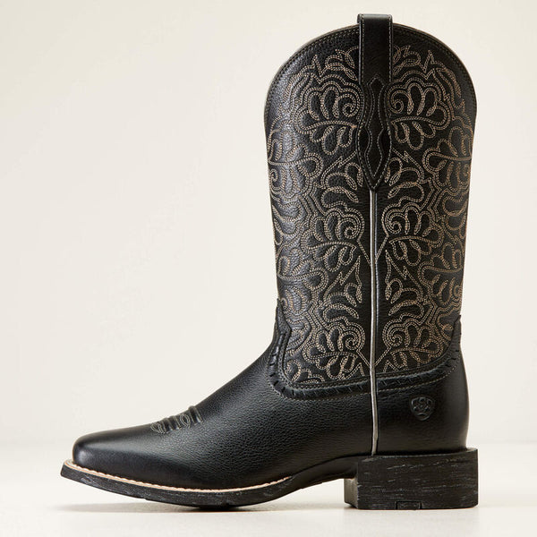 Ariat Womens Round Up Remuda Western Boot - Black Deertan - Broken horn