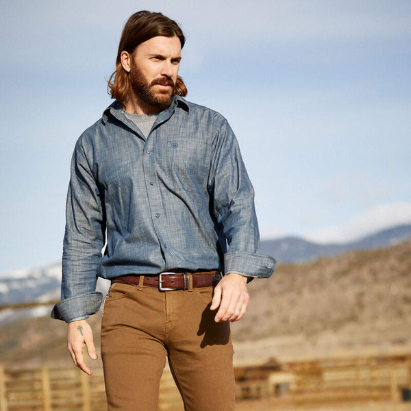 Ariat Men Team Logo Chambrey Classic Fit Shirt - Blue - Broken horn