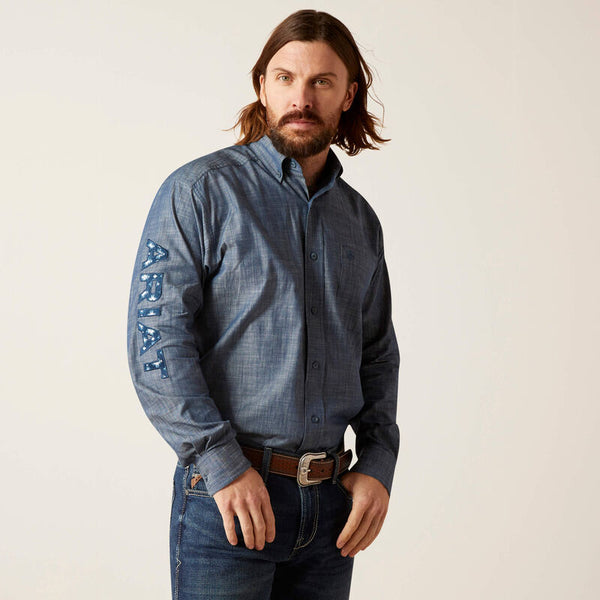Ariat Men Team Logo Chambrey Classic Fit Shirt - Blue - Broken horn