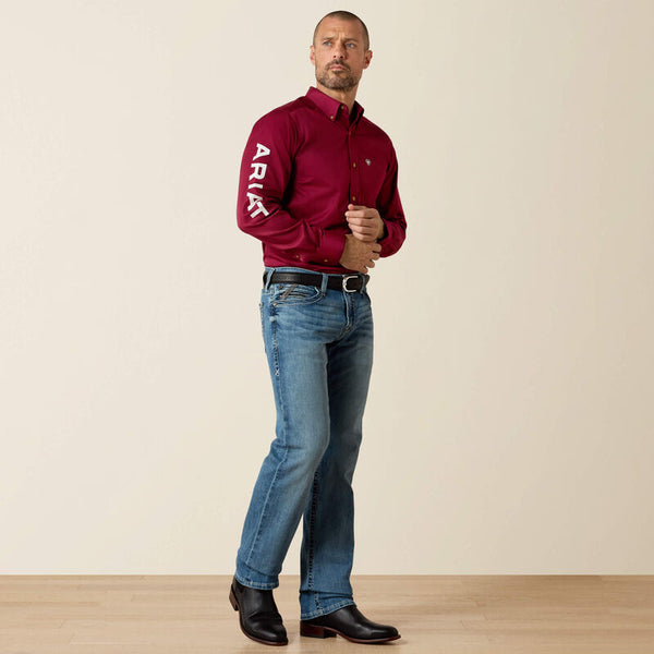 Ariat Mens Team Logo Twill Fitted - Burgundy - Broken horn