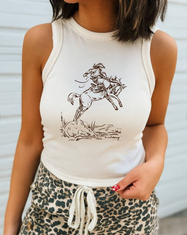 Cody Freedom Sketch Western Graphic Cropped Tank - Broken horn