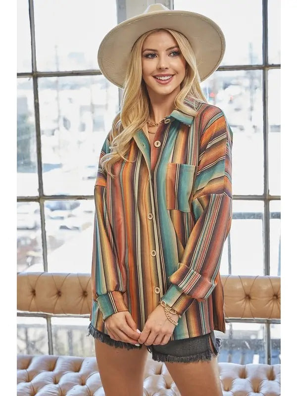 Monica Striped Suede Button Down Shacket - Broken horn