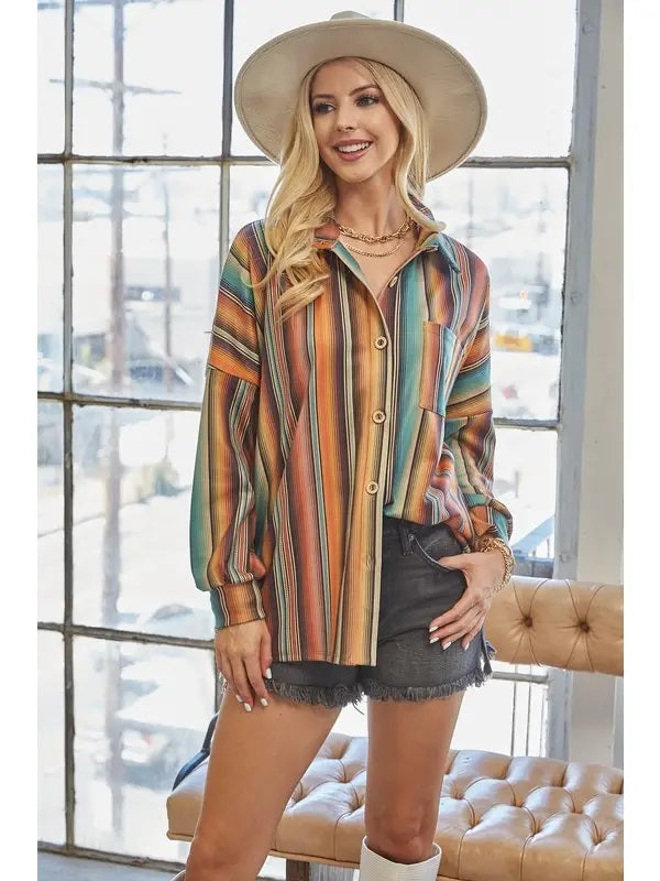 Monica Striped Suede Button Down Shacket - Broken horn