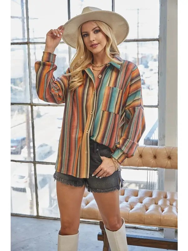 Monica Striped Suede Button Down Shacket - Broken horn