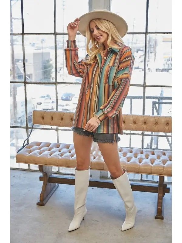 Monica Striped Suede Button Down Shacket - Broken horn
