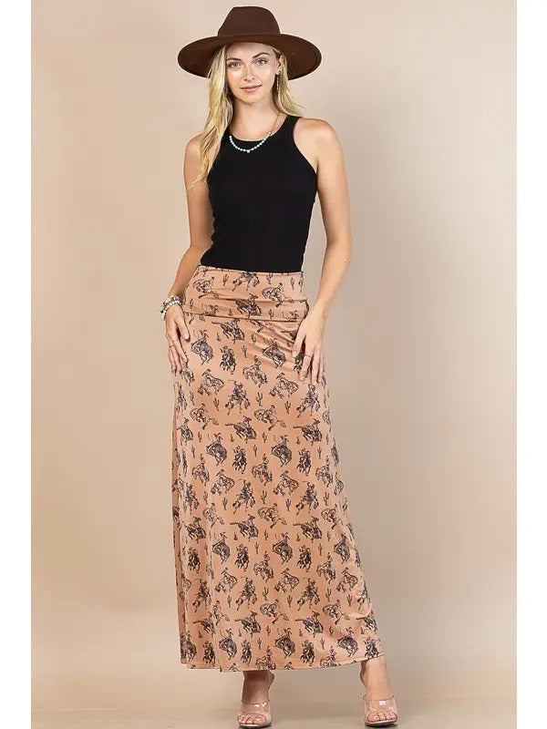 Bella Western Bucking Horses Print Knit Maxi Skirt - Broken horn