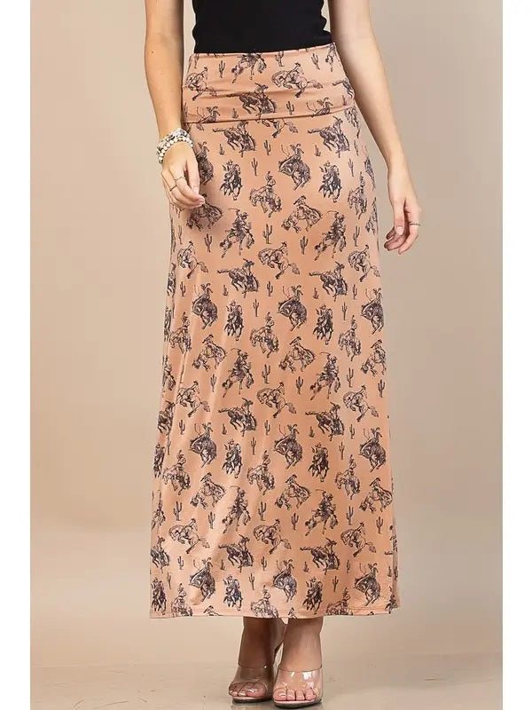 Bella Western Bucking Horses Print Knit Maxi Skirt - Broken horn
