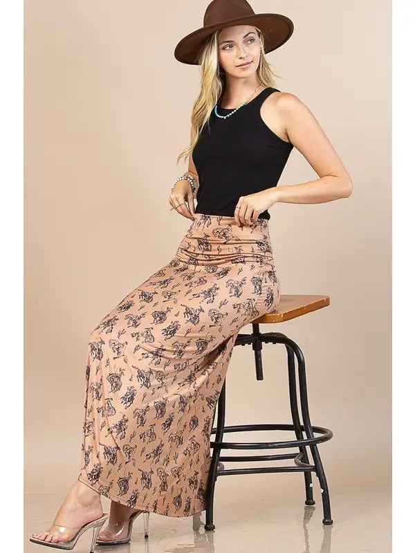 Bella Western Bucking Horses Print Knit Maxi Skirt - Broken horn