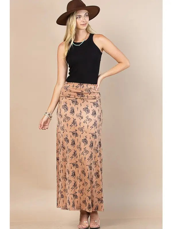 Bella Western Bucking Horses Print Knit Maxi Skirt - Broken horn