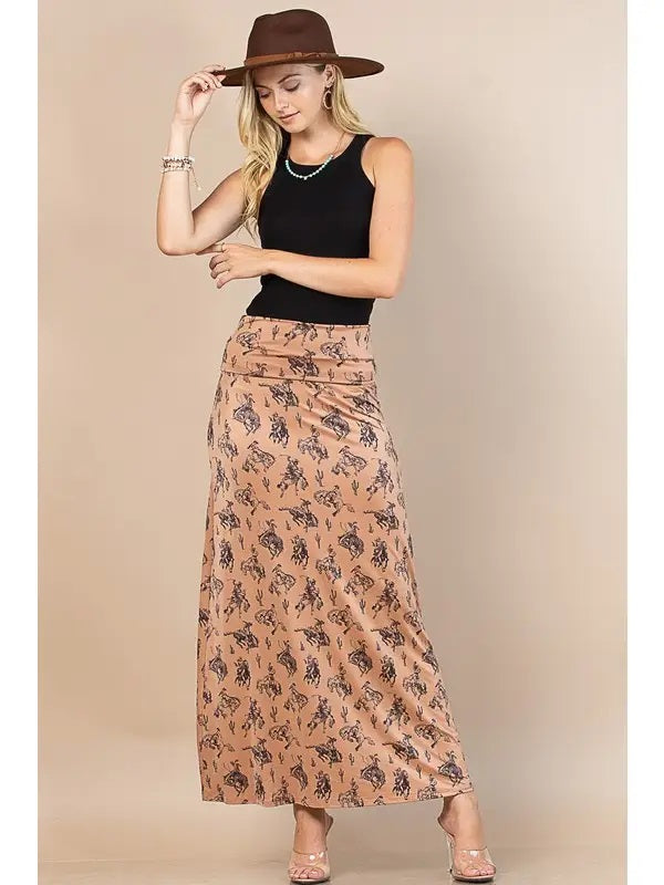Bella Western Bucking Horses Print Knit Maxi Skirt - Broken horn