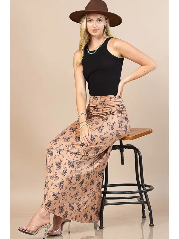 Bella Western Bucking Horses Print Knit Maxi Skirt - Broken horn