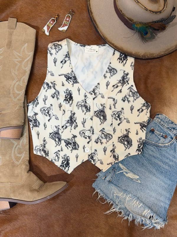 Western Bucking Horses Print Button Down Woven Vest - Broken horn