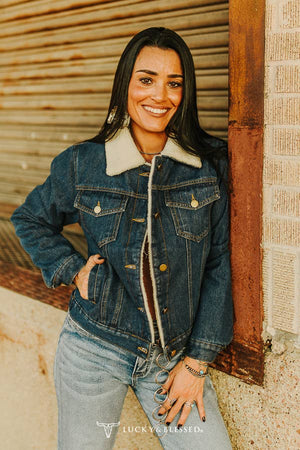 Dark Wash Sherpa Lined Collared Denim Jacket