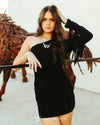 Black One Shoulder Long Sleeve Fringe Mid-Thigh Dress