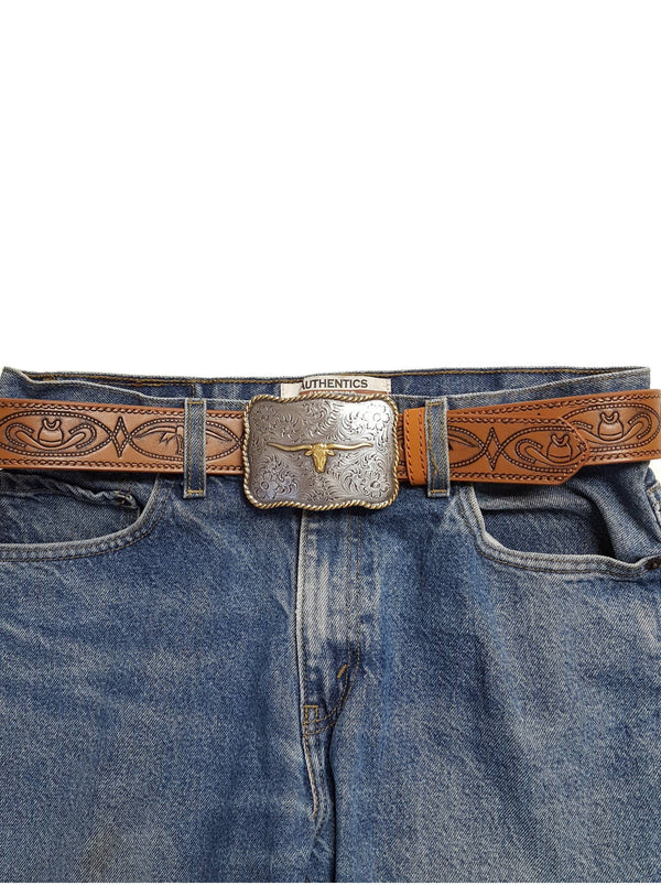 Western Long Horn Buckle w. matching tooled belt