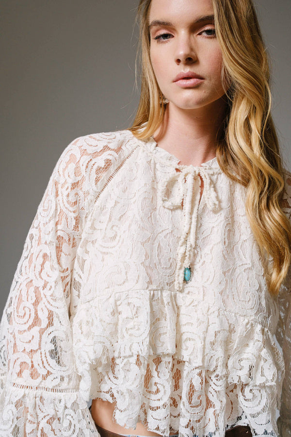 Lace Bell Sleeve Ruffle Blouse - Broken horn