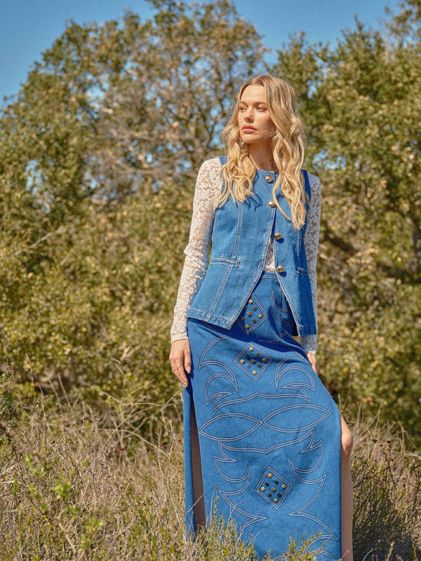 Gold Button Denim Vest - Broken horn