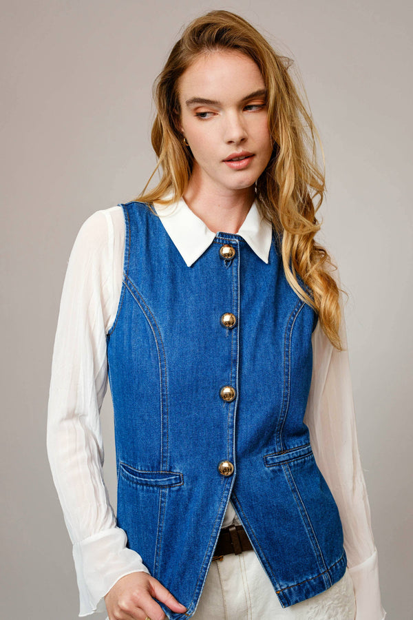 Gold Button Denim Vest - Broken horn
