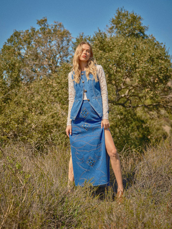 Gold Button Denim Vest - Broken horn