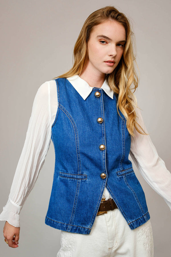 Gold Button Denim Vest - Broken horn