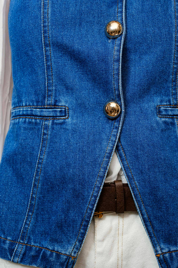 Gold Button Denim Vest - Broken horn