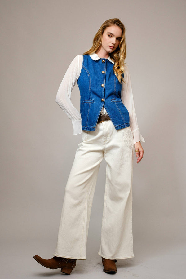 Gold Button Denim Vest - Broken horn