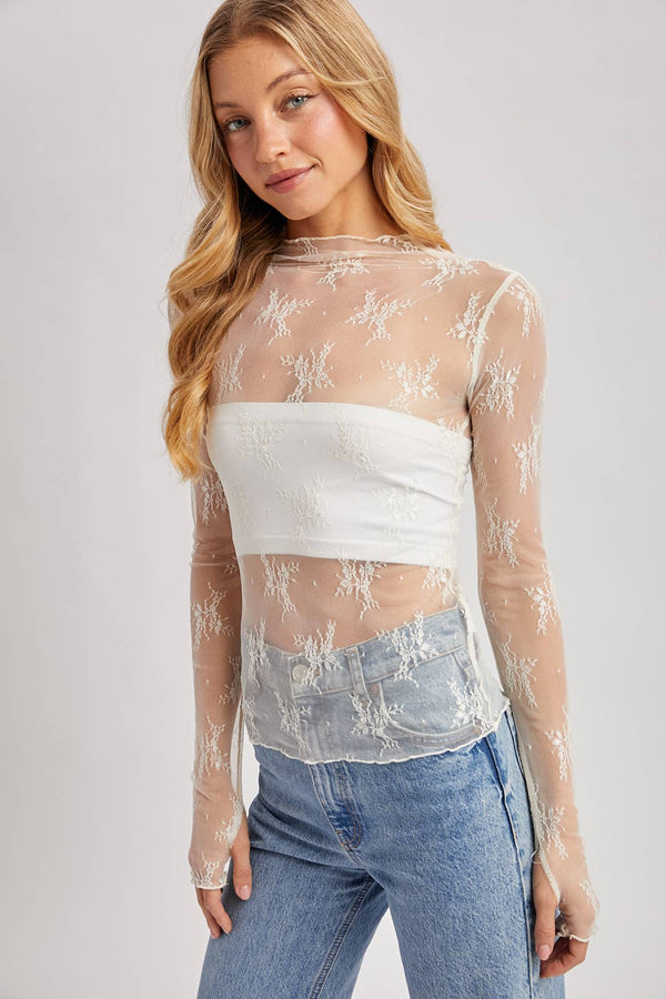 Floral Embroidery Lace Mesh Layering Top - Broken horn