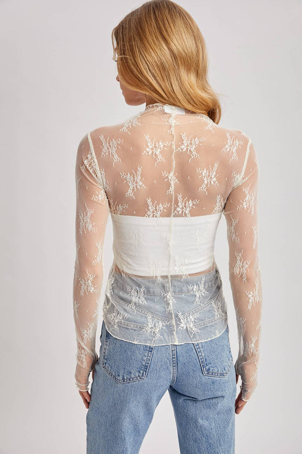 Floral Embroidery Lace Mesh Layering Top - Broken horn