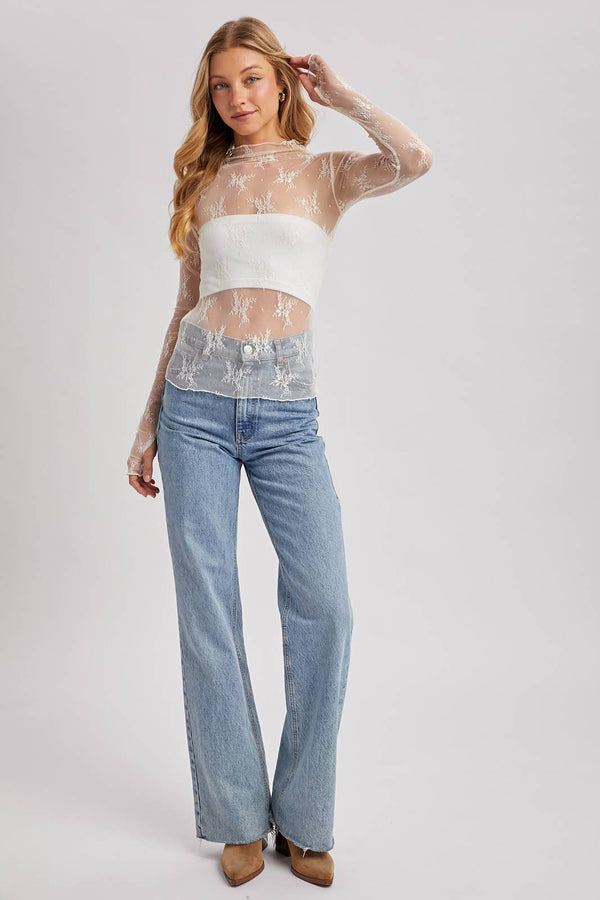 Floral Embroidery Lace Mesh Layering Top - Broken horn