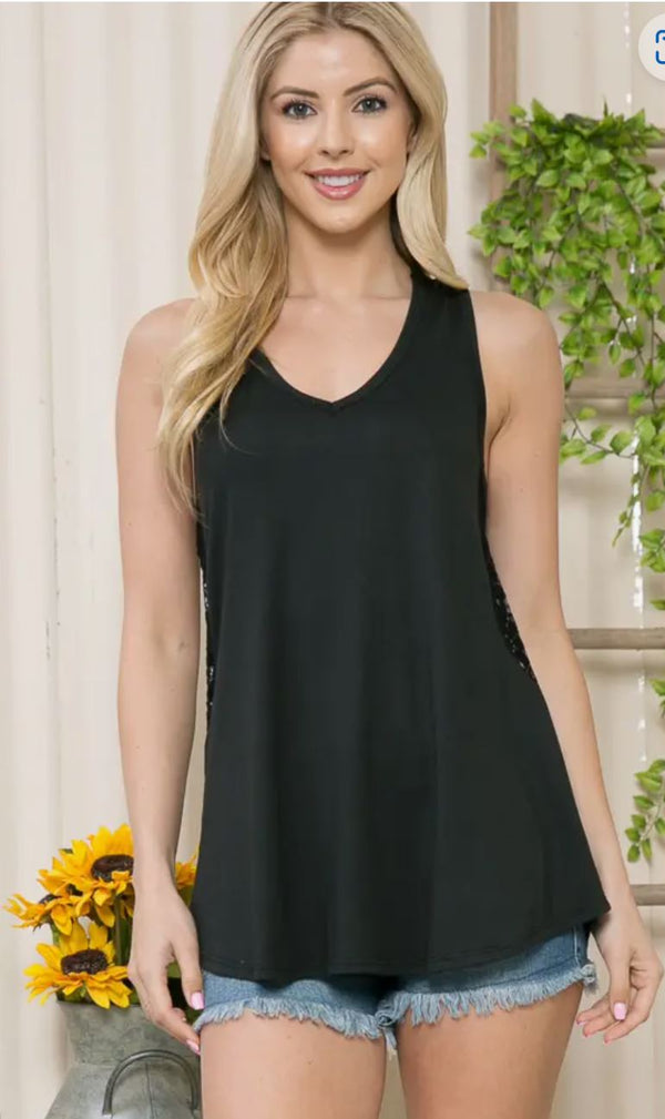 V-Neck Sleeveless Top With Side Lace Detail - Black - Broken horn