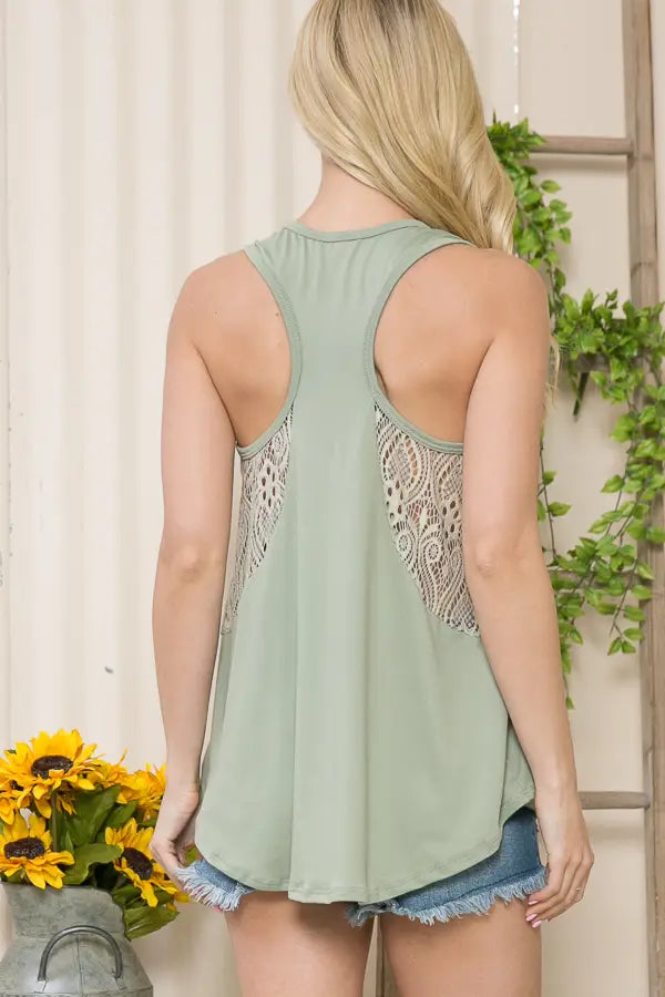 V-Neck Sleeveless Top With Side Lace Detail - Sage - Broken horn