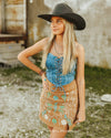 Camel Stretch Suede Aztec Floral Embroidered Skirt