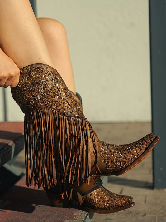 Corral Ladies Gorgeous Glittered Embroidery And Fringe Snip Toe Boot - Honey