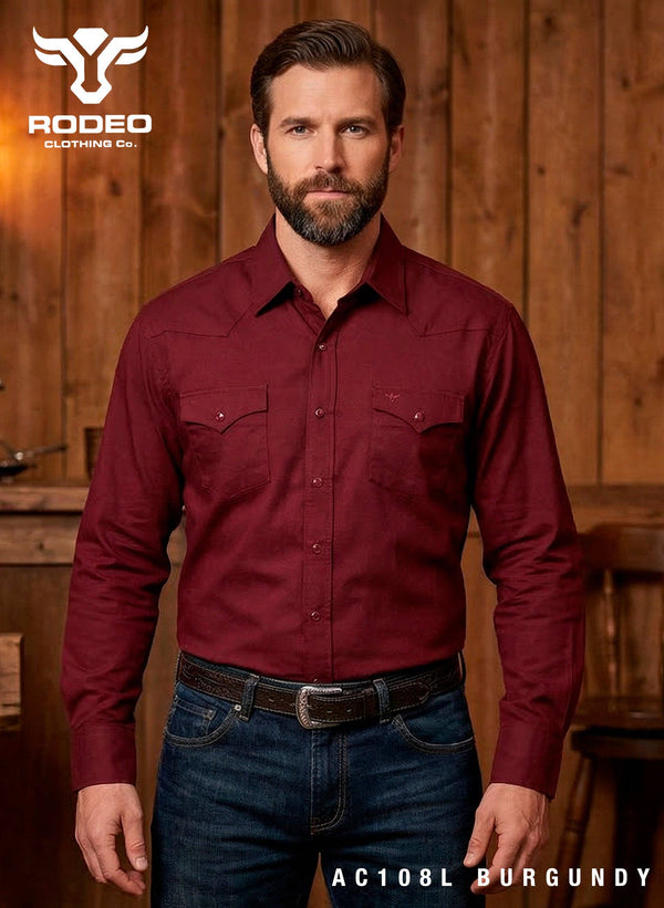 Rodeo Men's Western Solid Cotton Twill Snap Shirt - Burgundy