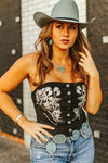 Black Stretch Suede W Embroidery Button Down Corset Top