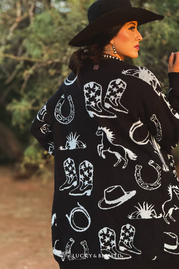 Lucky & Bless Black Ivory Western Knit Front Pocket Sweater Cardigan - Broken horn