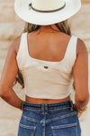 Ivory Stretch Suede Boot Stitch Concho Buttons Corset Top