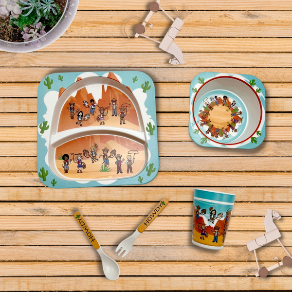 5-piece Bamboo Dinnerware Gift Set- Western Theme - Broken horn