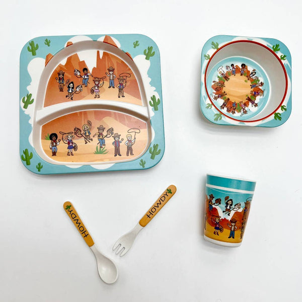 5-piece Bamboo Dinnerware Gift Set- Western Theme - Broken horn