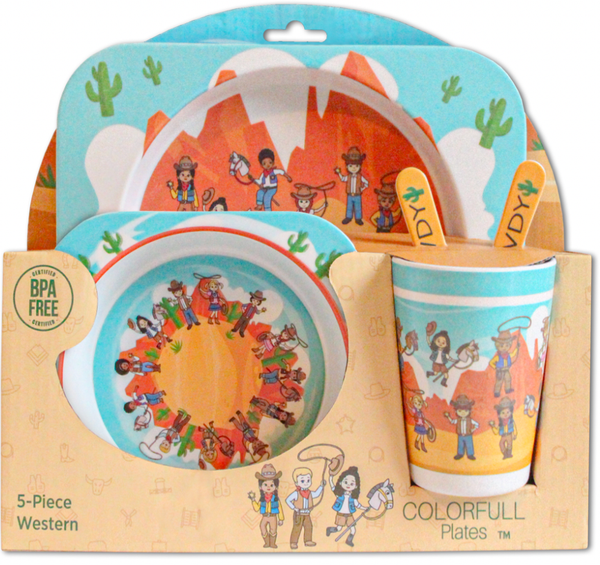 5-piece Bamboo Dinnerware Gift Set- Western Theme - Broken horn