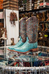 Cowtown Women's Ladies Floral Tooled Turquoise & Brown Square Toe Boot - Broken horn