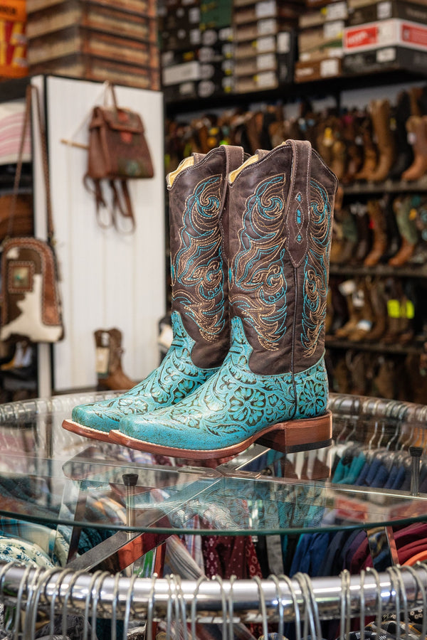Cowtown Women's Ladies Floral Tooled Turquoise & Brown Square Toe Boot - Broken horn
