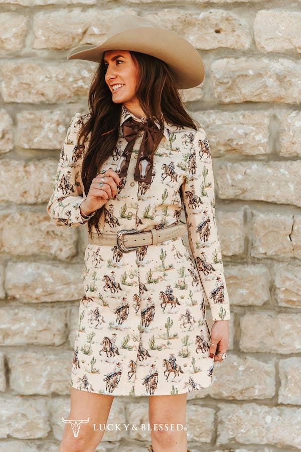 Lucky & Bless Plus Size Cream Western Puff Sleeve Embroidered Bow Dress - Broken horn