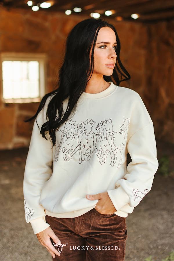 Cream Western Horse Detail Long Sleeve Sweatshirt